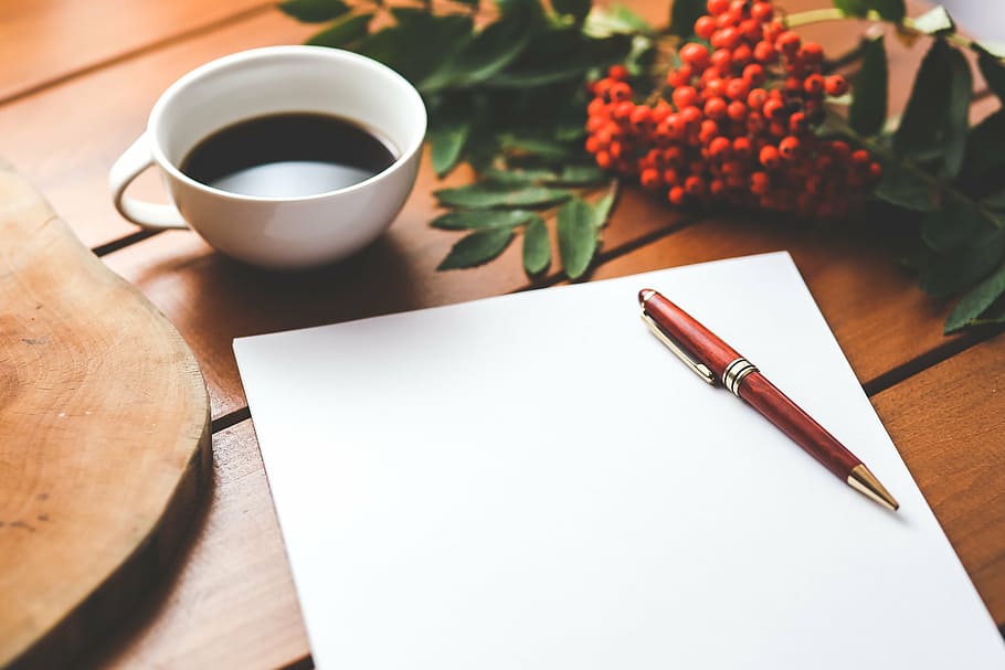brown click pen on white printer paper, blank, coffee, work HD wallpaper
