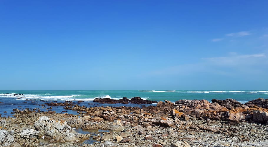 ocean, seashore, waves, rocks, water, coast, seaside, blue HD wallpaper