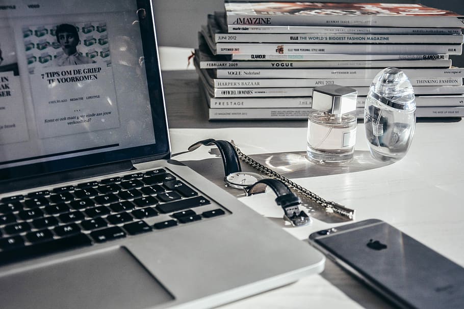 Office days, gray and black laptop computer, analog watch, silver iPhone 6s HD wallpaper