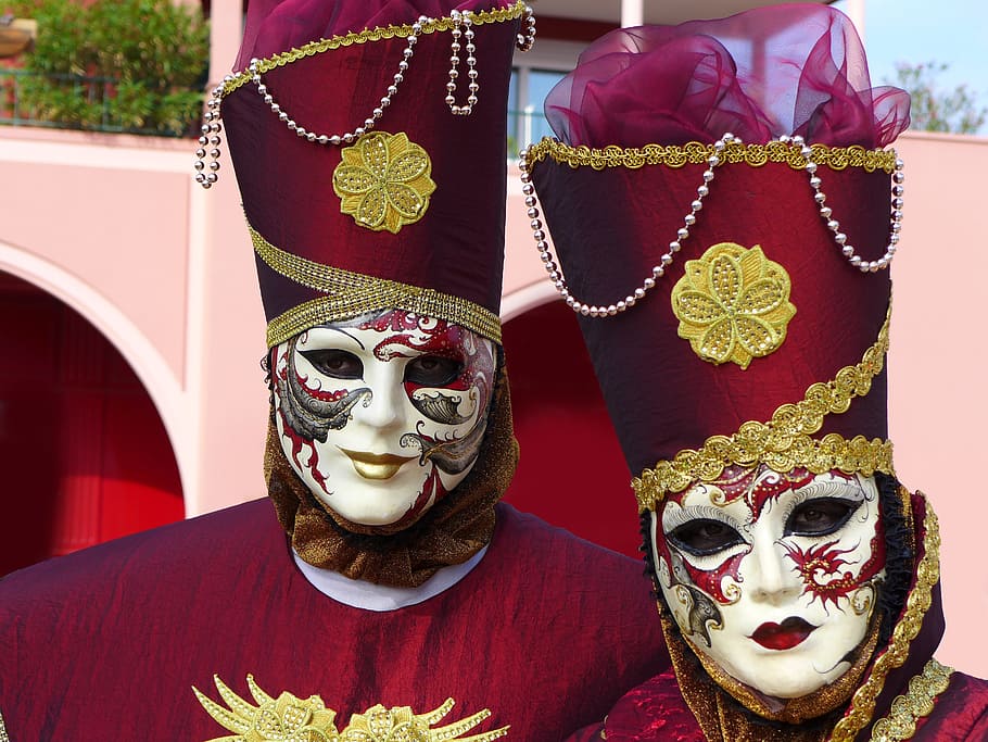 two person wearing masquerade masks, carnival of venice, mask of venice, HD wallpaper