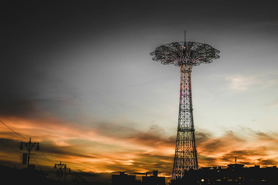 silhouette photography of tower during golden hour, gray metal tower during sunset, HD wallpaper