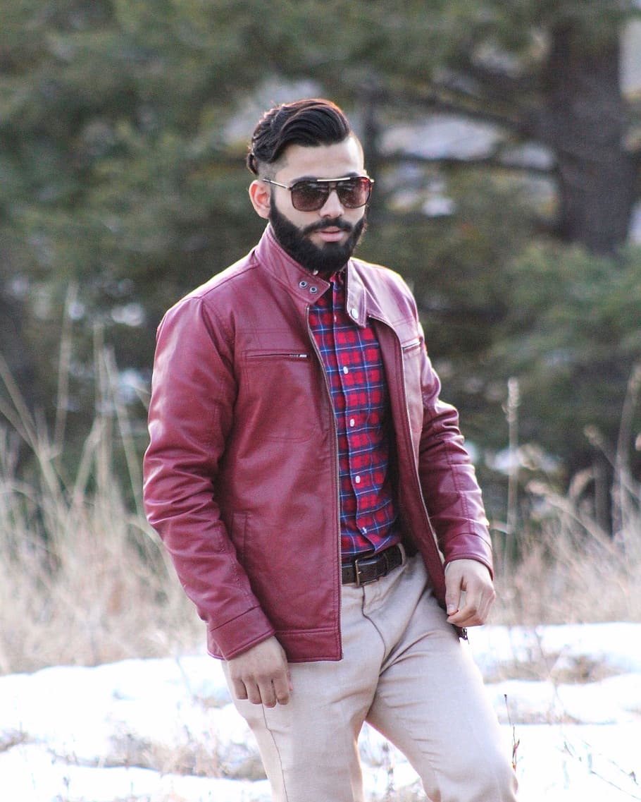 man in red leather zip-up jacket wearing sunglasses, Beard, Clothes