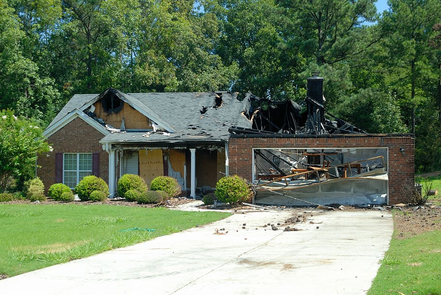 broken brown and gray house, House Fire, Home, Destruction, Smoke