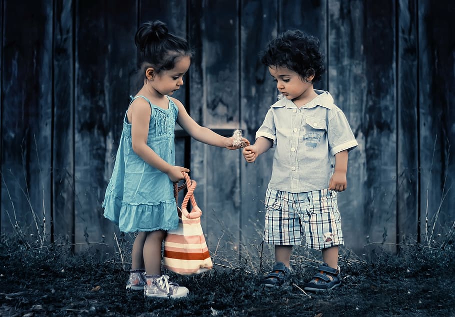 boy and girl holding flower photo, child, children, happy, people