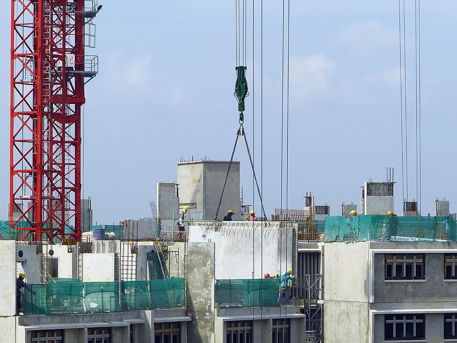 red metal tower crane, construction, site, building construction HD wallpaper