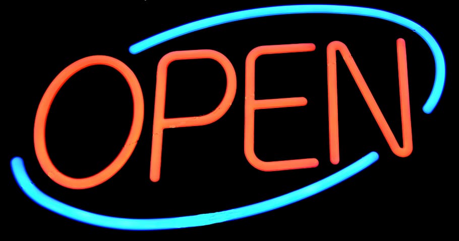 Open LED signage, open sign, neon, light, bright, business, store