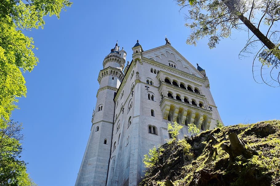 Neuschwanstein, white concrete building near mountain, architecture HD wallpaper