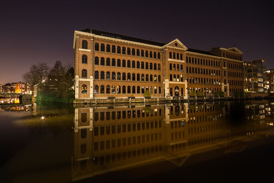 Building, Reflection, Water, Night, facade, europe, illuminated HD wallpaper