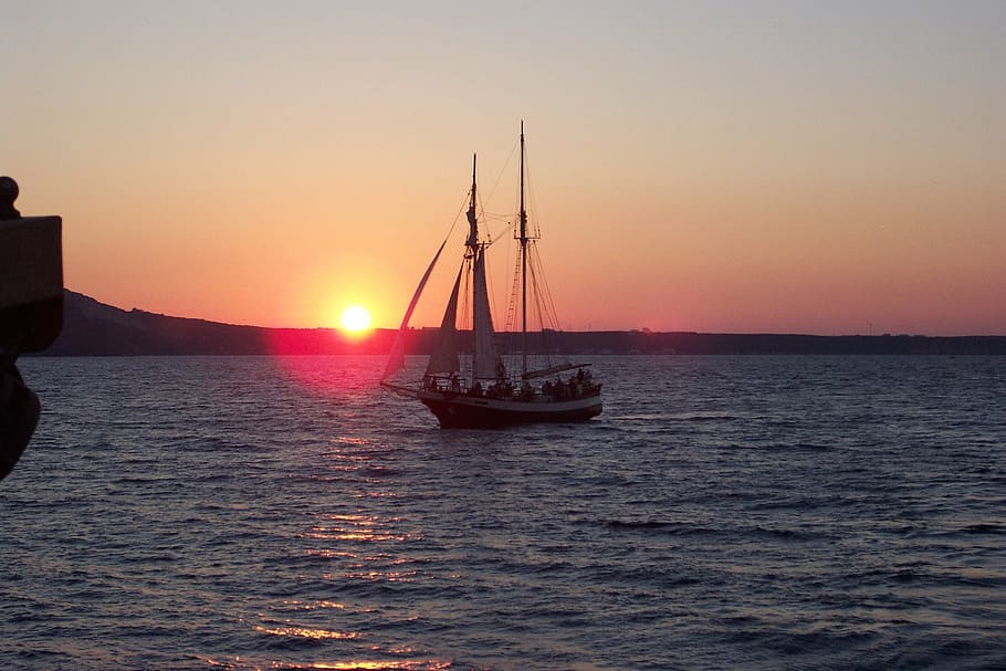 sunset, santorini, abendstimmung, greece, romantic, sea, sailing vessel HD wallpaper