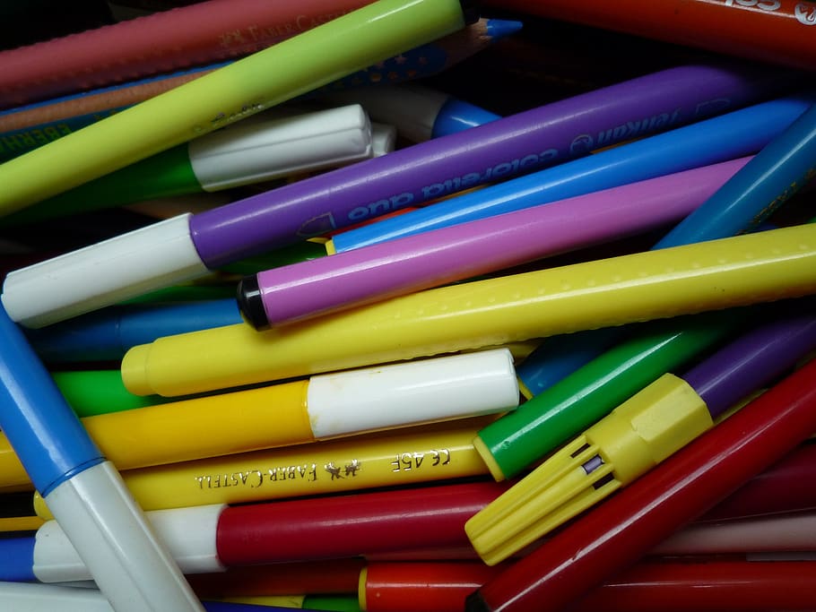 pens, colorful, crayons, colour pencils, mess, close up, multi colored