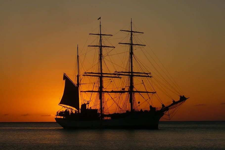 silhouette of galleon ship during sunset, martinique, boat, twilight