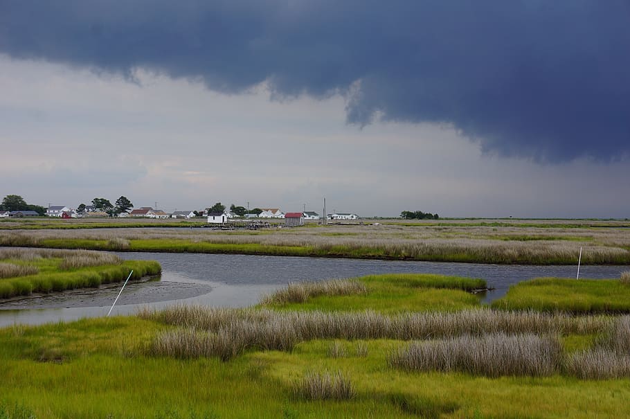 river, village, town, thunderstorm, dark, grey, clouds, rain HD wallpaper