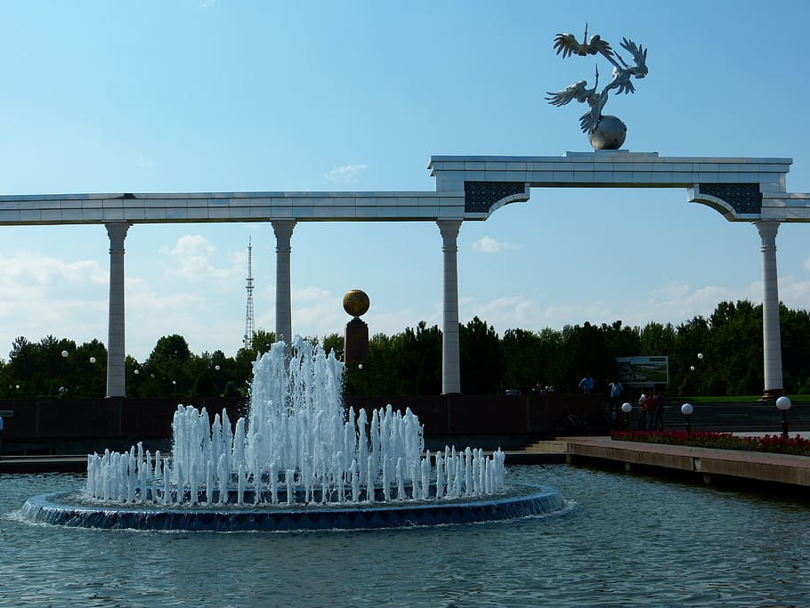 tashkent, independence square, monument, water games, fountain, HD wallpaper