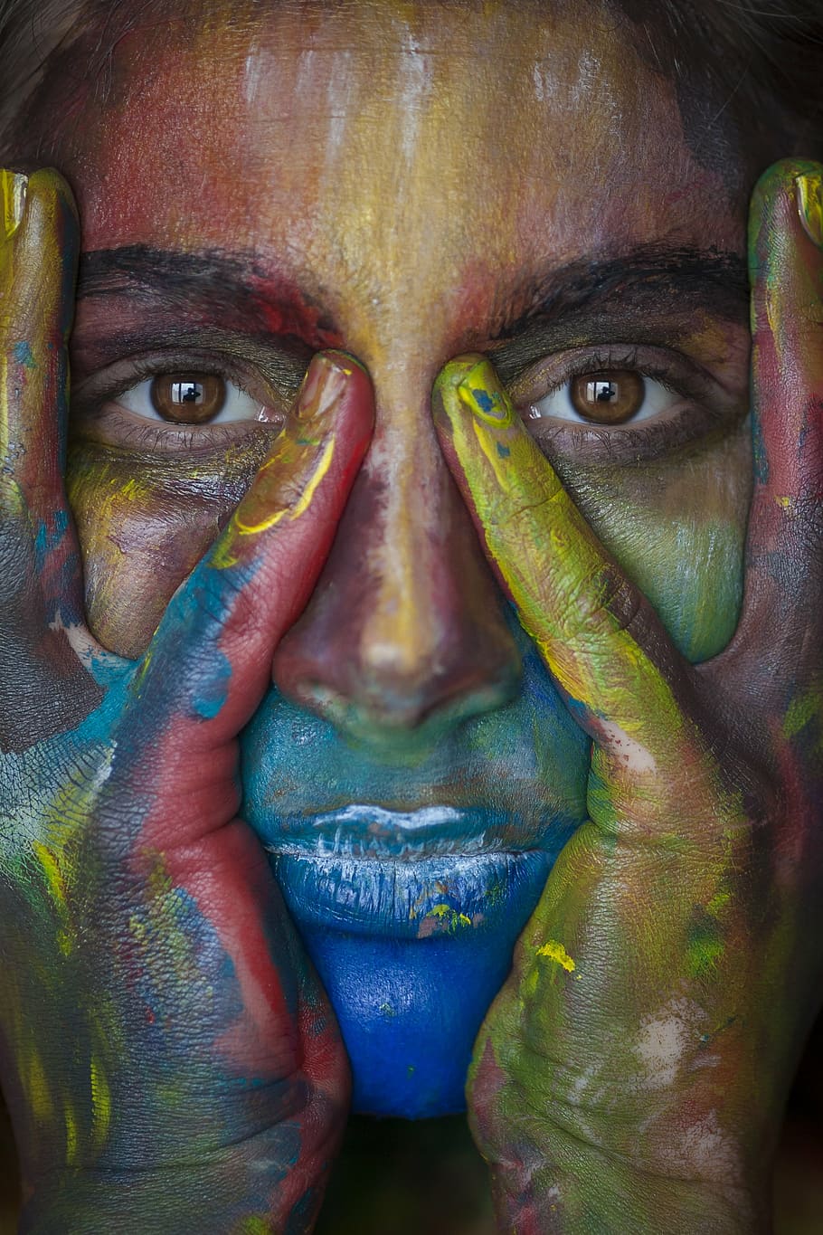 woman's face with painting, colors, portrait, macro, canon, coloring