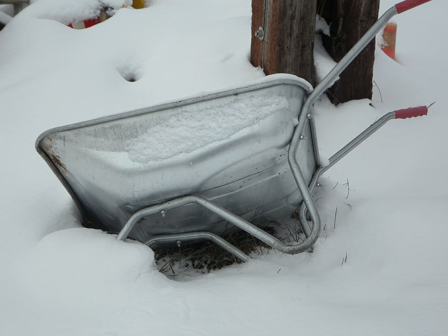 wheelbarrow, snowdrift, winter, cold, upset, snowy, snowed in HD wallpaper