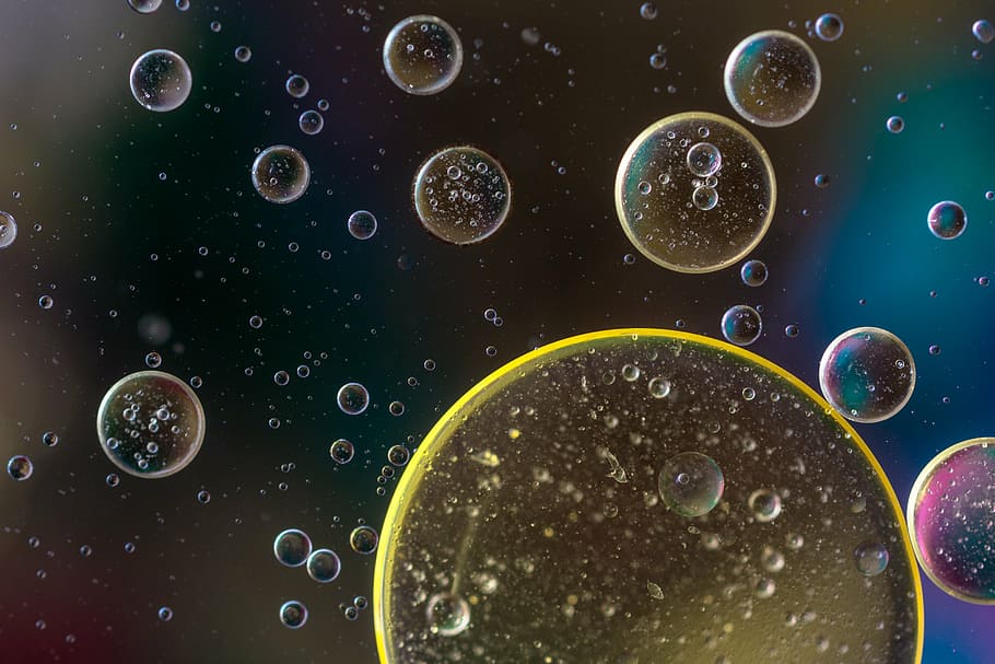water bubbles in close-up photography, oil in water, oil eye, HD wallpaper