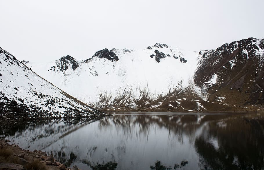 icy mountain lake, Nevado de Toluca, snow, reflection, nature HD wallpaper