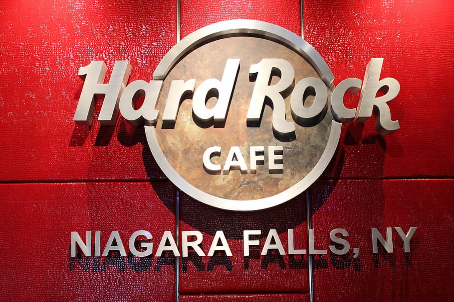hard rock café, usa, erie lake, niagara, text, red, western script