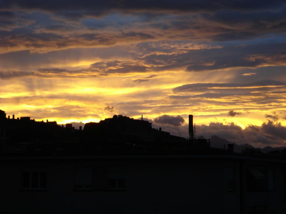 sky, dawn, sunrise, clouds, colorful, light, lausanne, switzerland HD wallpaper