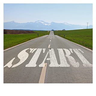 white start text on black asphalt road, beginning, intention HD wallpaper