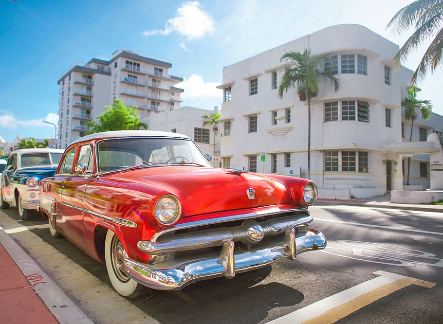 sky, clouds, building, park, car, vehicle, sunny, sunlight HD wallpaper