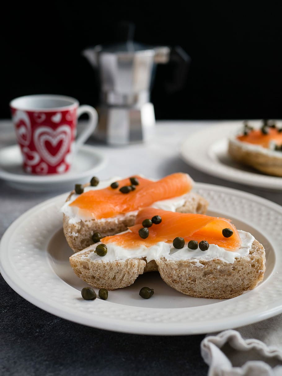 Lunch sandwich, bread, breakfast, fish, plate, salmon, sandwiches HD wallpaper