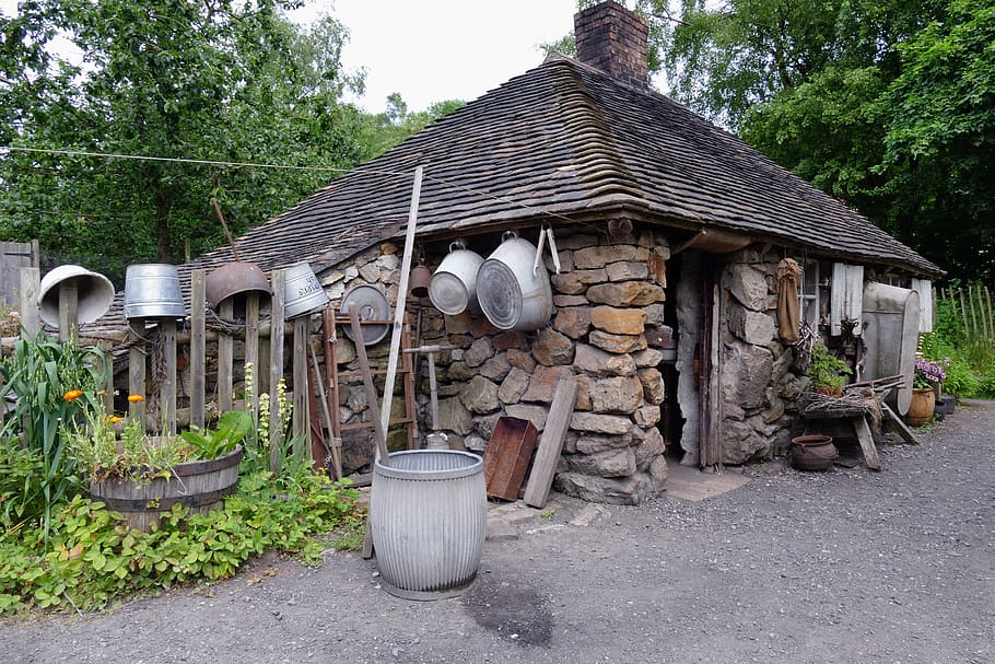 barrel outside brick house, cottage, old, rural, home, vintage