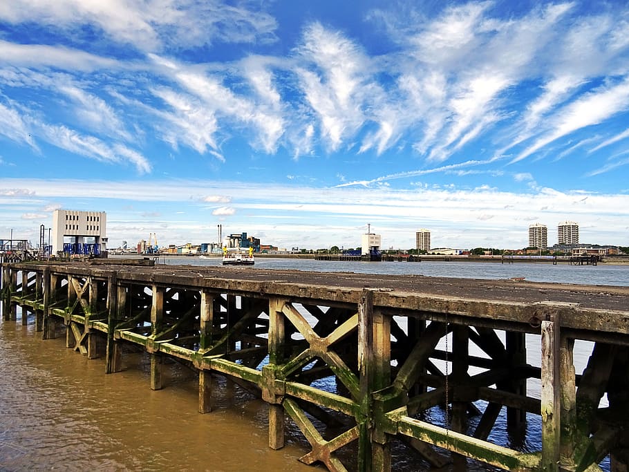 jetty, sea, city, nature, buildings, clouds, dock, ocean, pier HD wallpaper