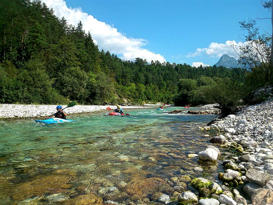people kayaking on river near forest, activity, adventure, soča HD wallpaper