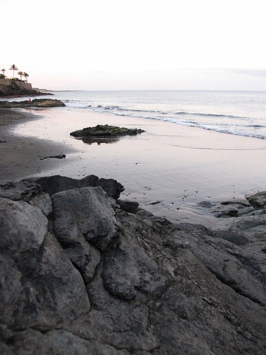 rock, shore, sunset, sand, beach, sea, sky, water, horizon over water HD wallpaper