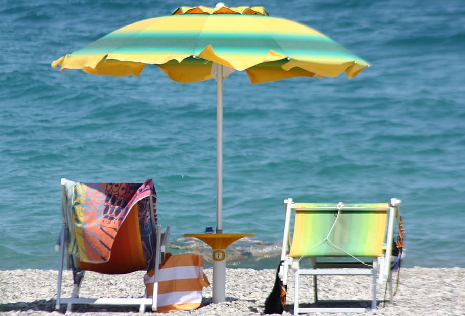 holiday, sea, beach, water, chair, parasol, seat, absence, nature HD wallpaper