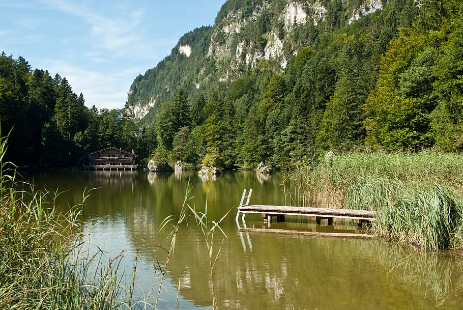 austria, scenic, sky, clouds, landscape, house, home, lake HD wallpaper