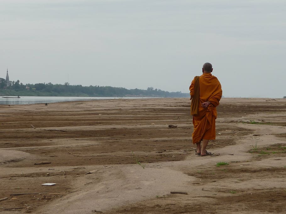 monk walking on soil beside water and forest, buddhism, religious