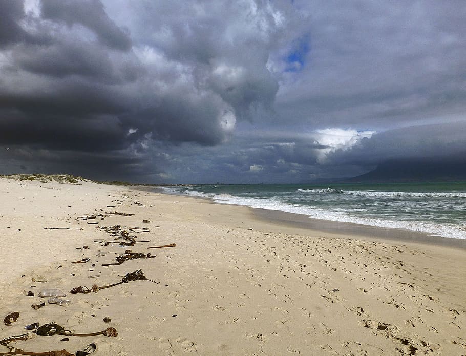 beach, sand, clouds, gloomy, sand beach, wave, sea, land, sky HD wallpaper