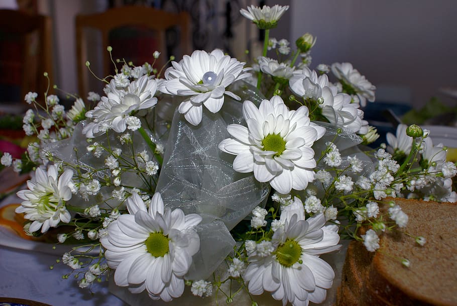 white flowers, bouquet, flowers theme, decoration, white daisy, HD wallpaper
