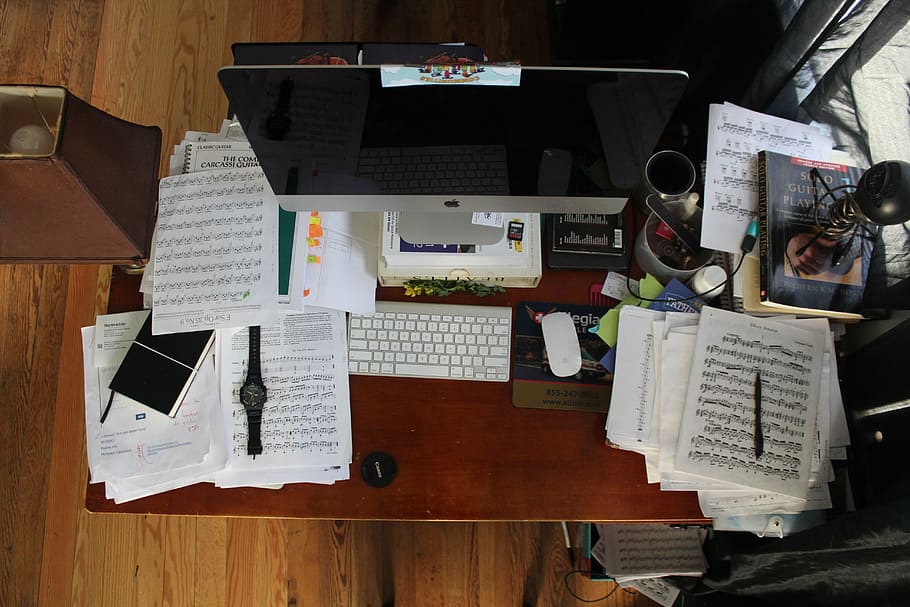 Hd Wallpaper Music Imac Surrounded By Papers Desktop Messy