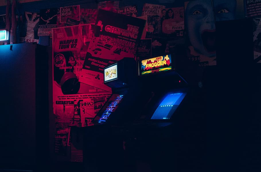 two arcade cabinets, night, nightlife, illuminated, neon, no people