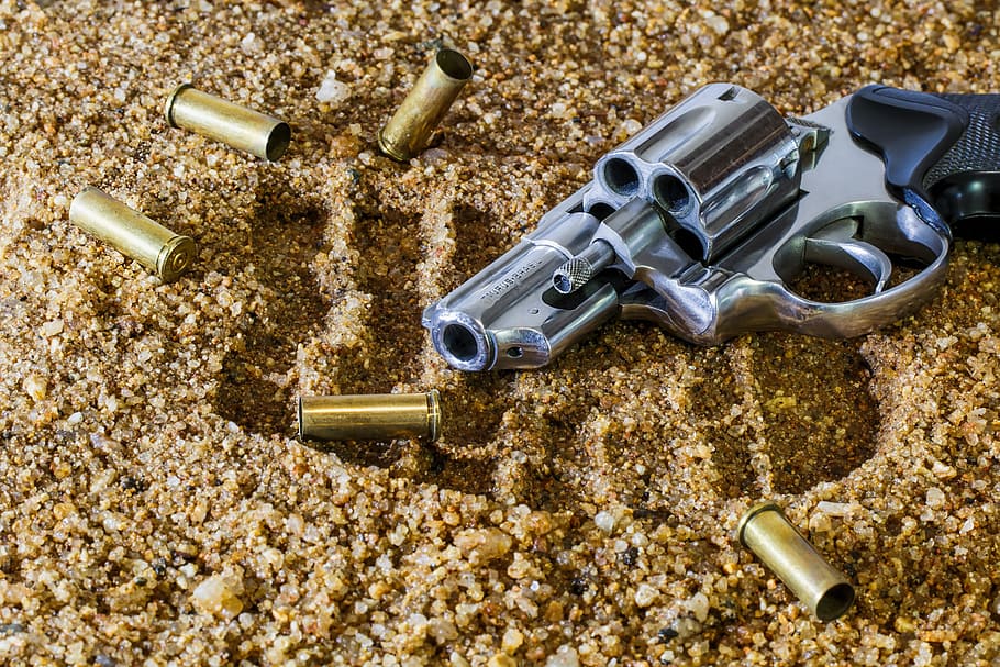 sand, dangerous, weapon, gun, bullets, firearm, handgun, revolver, HD wallpaper