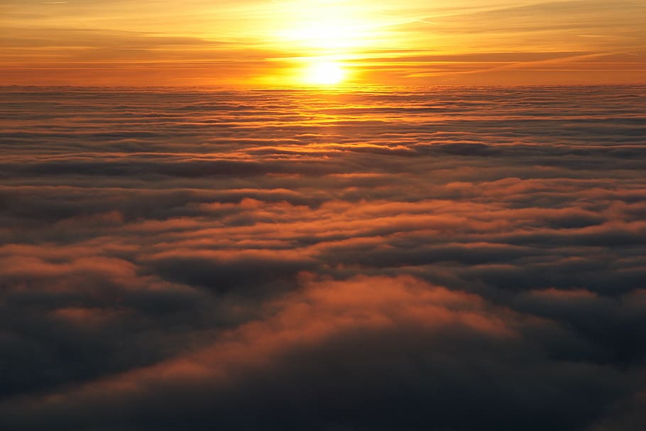 fog, gulf, trieste, sunset, yellow, red, clouds, nature, cloud - Sky, HD wallpaper
