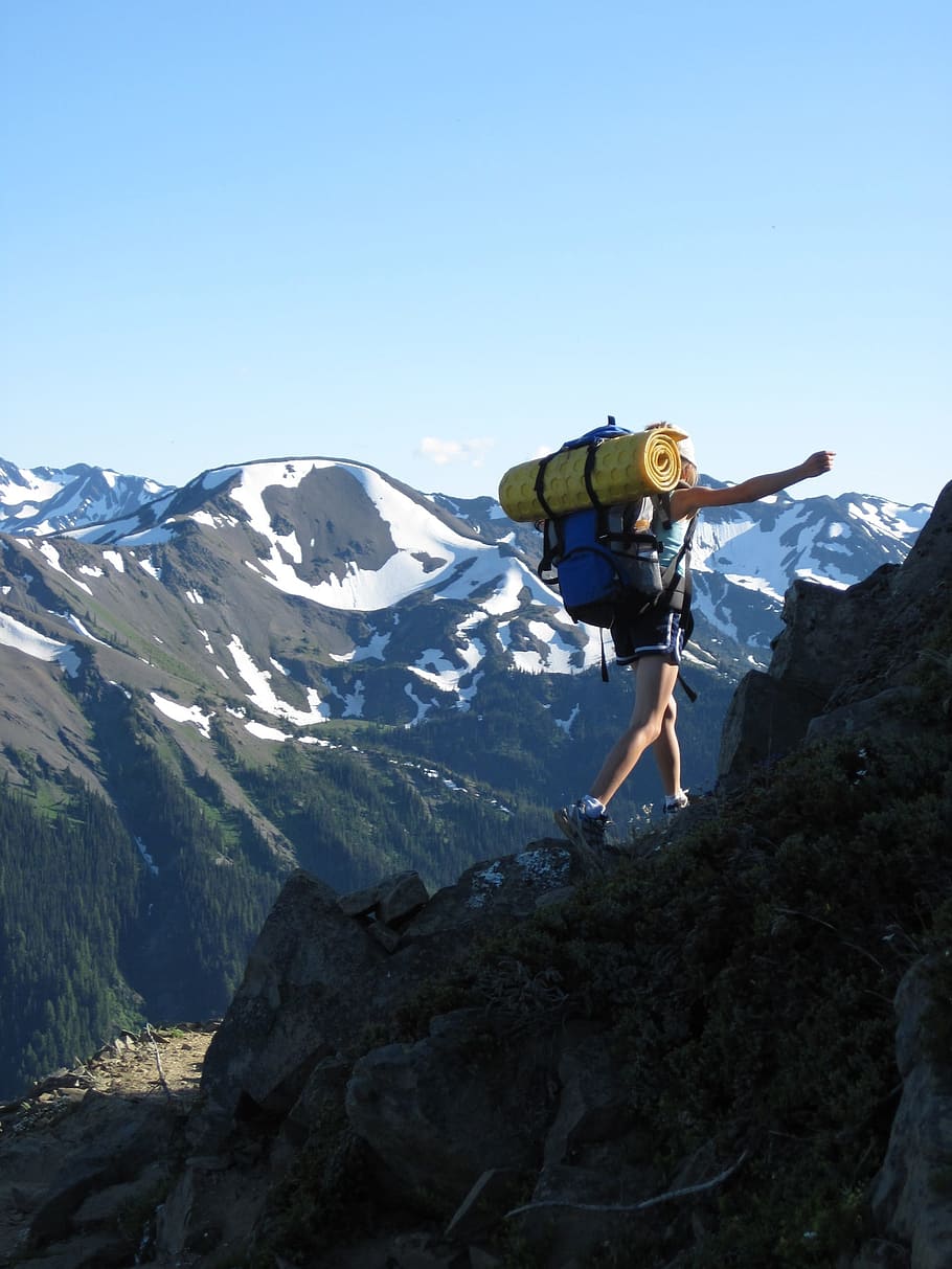 Hiker, Mountain, Backpacking, Hiking, peak, landscape, walking, HD wallpaper