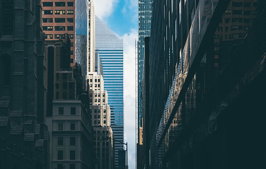 worms eye view of buildings, city buildings during daytime, structure HD wallpaper