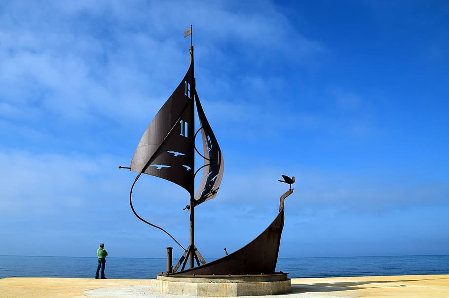 person standing near sailboat statue, ship, boot, water, sea HD wallpaper