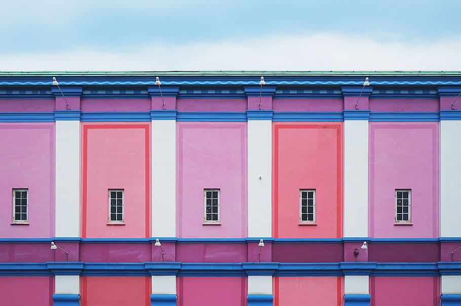 pink concrete building, architecture, colorful, colourful, wall