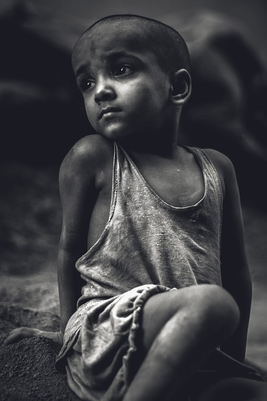 boy wearing gray tank top, child, portrait, black and white, kid