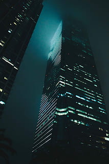 Demonic, building with lights on during nighttime, skyscraper HD wallpaper