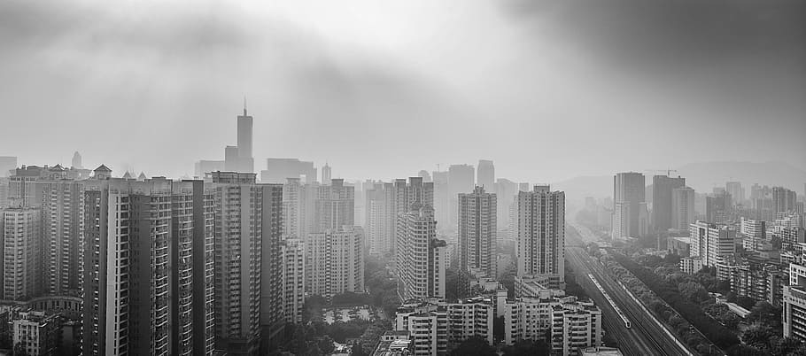 grayscale photo highrise building, city, cloudy, sky, architecture HD wallpaper