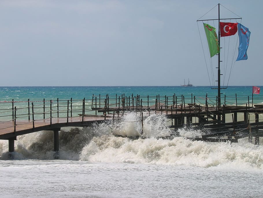 sea, side, pier, turkey, pontoon, flags, water, sky, horizon over water, HD wallpaper