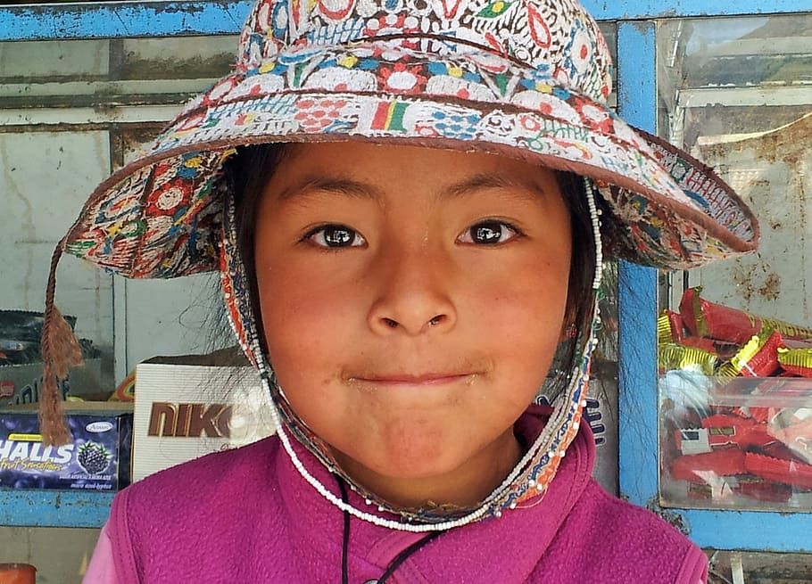 peru, chivay, peruvian, child, hat, cute, girl, portrait, looking at camera HD wallpaper