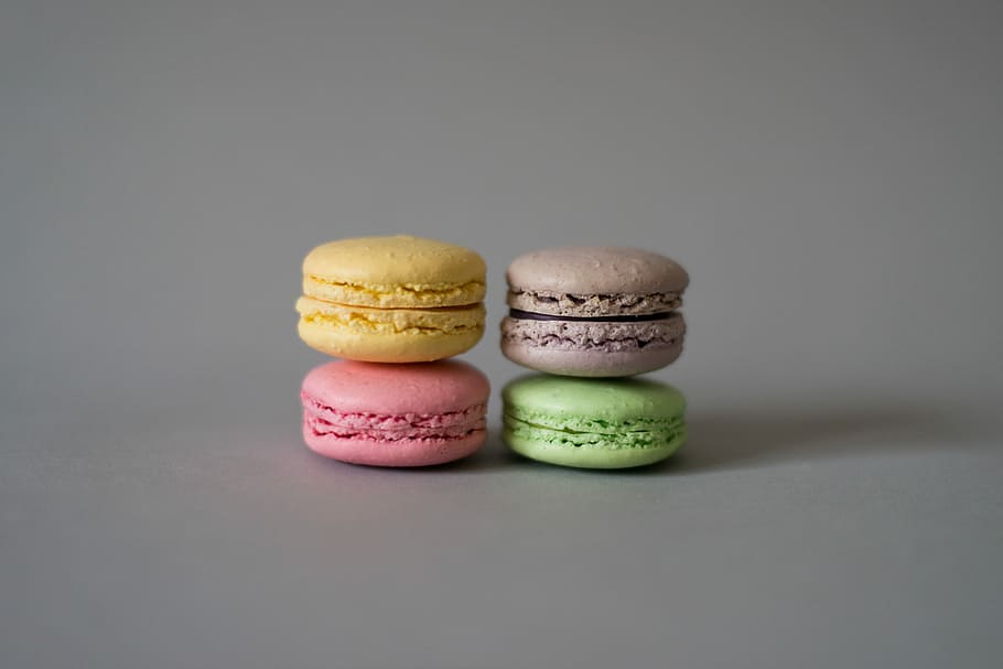 yellow, pink, brown, and green macaroons, four macaroons, cake HD wallpaper