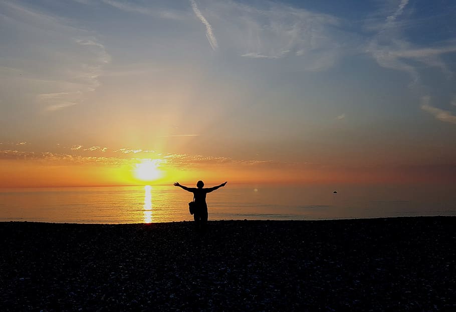 silhouette photography of person arms wide open, Sunset, Human HD wallpaper